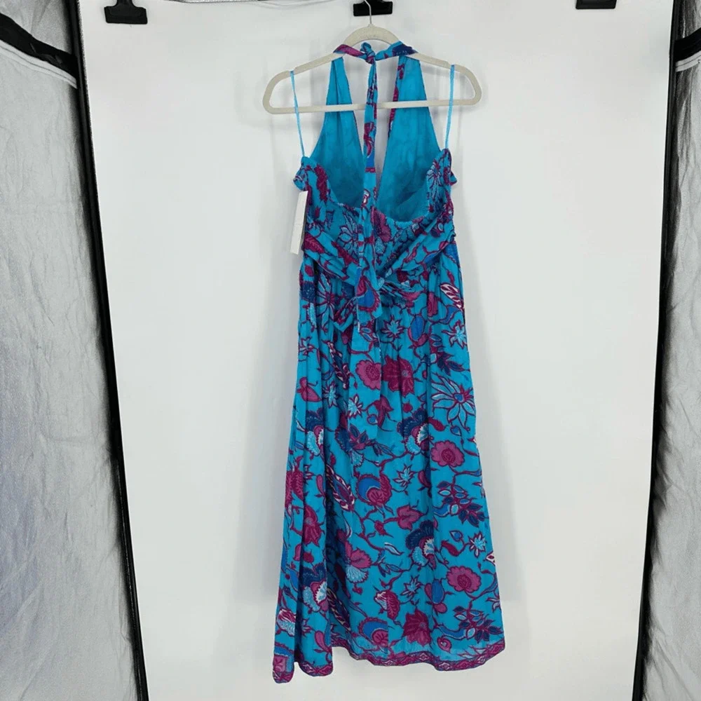 Caroline Constas Halter Fit Flare Smocked Maxi Dress XL Turquoise Gauze Cotton - Picture 4 of 16